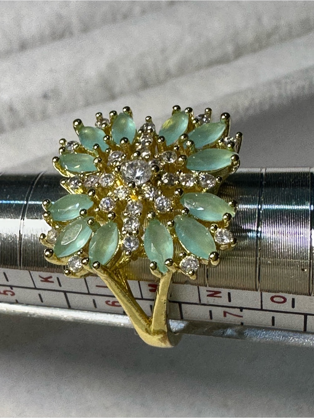 Gold Tone Floral Cluster Ring with Mint Green Stones - Size 6.5